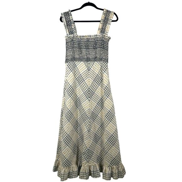 knee length dresses for ladies Ganni checkered seersucker shirred midi dress main image 1